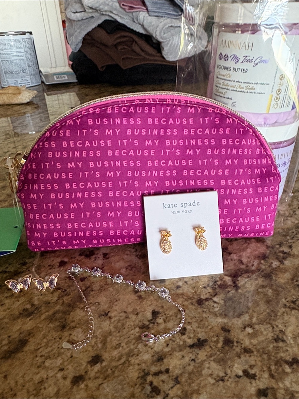 Pink Logo Cosmetic Pouch with Gold Pineapple Stud Kate spade earrings